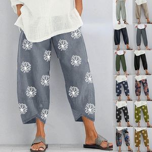 Spodnie damskie Capris Women Harem Spodnie vintage bawełniane lniane sprężyste talia szerokie spodnie nogawkowe żeńskie stałe kieszenie luźne spodnie s5xl 230410