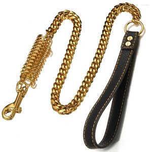 Dog Collars 39" 15mm Strong Safety Anti-lost Collar Leash Chain Cuban Curb Link Stainless Steel Gold Tone W/Leather Handle Lead