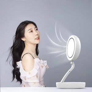 Kompakta speglar Uppladdningsbar Kitty LED -ljus Makeup Mirror Folding Fan 2 i 1 Portable Vanity Smart Cosmetic Tool Summer Gift for Kid 231109