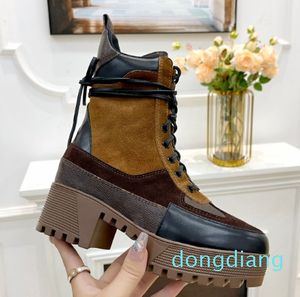 Women Platform Desert Boot Suede Calf Leather Monograms Canvas Beige Dark Gray Winter Casual horse Shoes