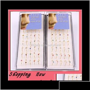 Nose Rings Studs Hoop Ring 40Pcs/Lot Mix 6 Color Cz Gem Body Jewelry Piercing Stud Gold 2Uonp Drop Delivery Dh0Hn