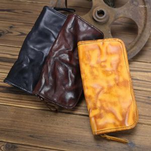 Wallets Vintage Fashion Leather Men's Wallet Plant Tanned Water Wash Business Casual Handmade Bag Cowhide Long Handheld