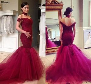 Vintage Mermaid Burgundy Tulle Evening Dresses For Women Formal Off The Shoulder Long Party Gowns Lace Fishtail Tulle Plus Size Second Reception Dress Sexy CL2145