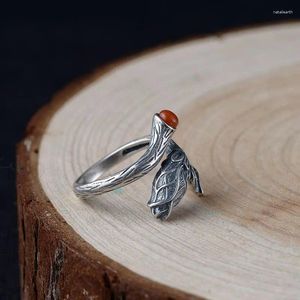 Кольца кластера FNJ Leaf Серебряное кольцо 925 пробы для женщин Ювелирные изделия Оригинальный чистый S925 Стерлинговый винтажный натуральный красный агат