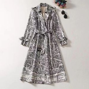 Vestido feminino europeu e americano 2023 inverno novo manga longa terno gola cinto impressão moda trench coat xxl