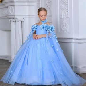 Flickaklänningar blå blomma för bröllop 3D Applique Puffy Tulle Off Axel Kid Birthday Party First Commonion Pageant Ball Gown