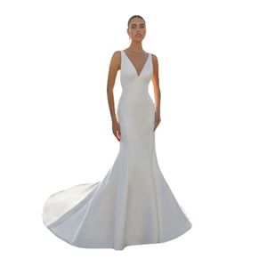 SoDigne Simple Satin Wedding Dress V Neck Elegant Mermaid Bride Dresses Backless Wedding Party Dress Plus Size 2023