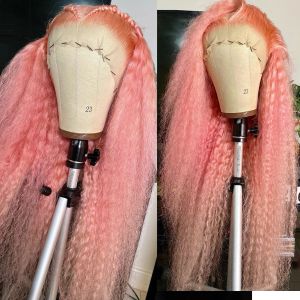 New Pink Curly Human Hair Wig HD Transparent 13x4 Deep Wave Frontal Wig Colored Synthetic Lace Front Wigs For Women