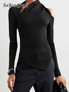 Damenpullover TWOTWINSTYLE Schulterfreier Pullover für Damen Skew Neck Langarm Hohe Taille Abnehmen Hollow Out Damen Sexy Pullover Neu 2021 J231110