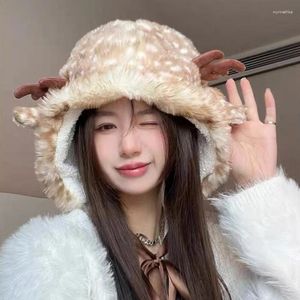 Berets Thicken Windproof Elk Spotted Ear Hat For Women Teens Lace Trim Decor Cold Weather Trapper