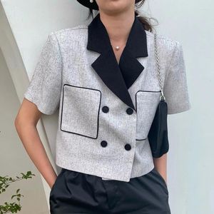 Women's Jackets Notched Grey Black Tweed Jacket Femme Contrast Double Breasted Korean Y2k Short Sleeve Coat Chaqueta Cardigan Jaqueta Suit