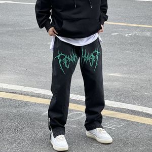 Men's Pants High Street Wash Embroidery Hip Hop Black Jeans Men's Loose Straight Tube American Hiphop Side Zipper Floor Pants 230408