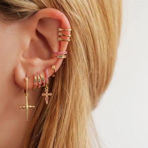 Dangle Earrings CZ Cross Earring 925 Sterling Silver Matel Pink Blue Red Stone Paved Classic Women Girl Lovely Design