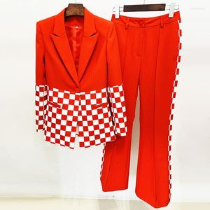 Pontas de duas peças de duas peças de alta qualidade Blazer Pantsuits Mulheres elegantes moda 2023 White Checker Designer Runway Terno de botão único