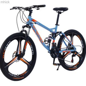 Pedali bici 26 pollici 21 velocità forcella ammortizzata in acciaio ad alto tenore di carbonio bicicletta doppio freno a disco mountain bike piede in rilievo blu M230410