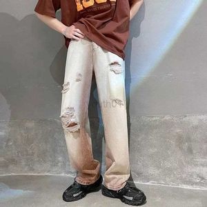 Mäns byxor 2022 Mäns amerikanska högkvalitativa hål Jeans High Street Long Casual Pants Fashion Trend Light Brown Trousers Plus Size S-3XL ZLN231110