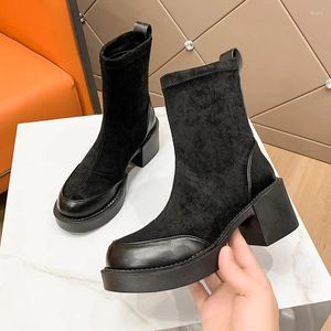 Scarpe eleganti stivali donna inverno 2023 moda tacco spesso elastico con punta tonda pelle scamosciata nera corta da donna Zapatos De Mujer