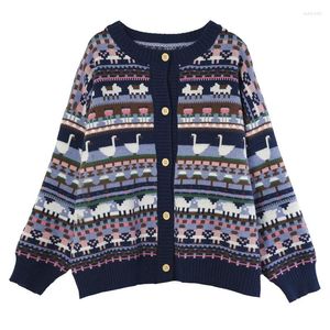 Women's Knits Autumn Winter Retro Warm Sweater Coat Cartoon Animal O-neck Girl's Loose Knitted Cardigan Female Blue Knitwear Outwear