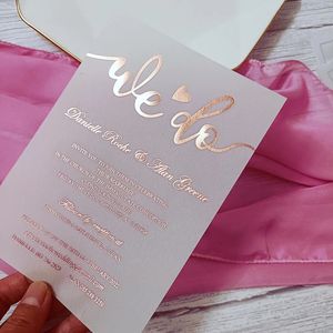 Grußkarten, 100 Stück, Roségold, Silberfoliendruck, Pergament-Hochzeitseinladungen, personalisiert für Jubiläums-Geschäftsparty 231110