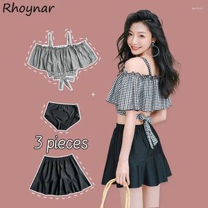 Women's Swimwear 3 Pcs Bikini Sets Women Ruffles Sweet Plaid Off Shoulder Chic Beach Vacation Slim Summer Fashion Lace-up Retro Lady