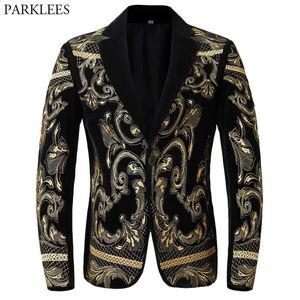 Erkek Suit Blazers Lüks Altın Çiçek Nakamı Siyah Blazer Ceket Erkekler Kartal Bir Düğme Barok Velvet Takım Ceket Düğün Partisi Balo 231109