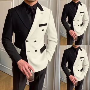 Men s kostymer blazers eleganta svarta vita män smala fit lapel dubbel bröst 2 stycken formella bröllop tuxedos blazer byxor kostym homme 231110