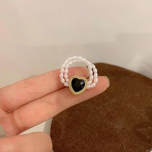 Cluster Rings Creative Pearl Elastic Rope Justerbar ring Elegant Lady Black Crystal Heart-Shaped Charmingwedding Party Jewelry