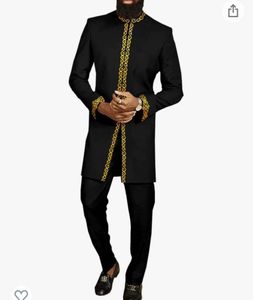 Męskie dresy dasiowe Dashiki Spring Young Men's Black Bronzing Business Style Casual Slim Banquet Sukienka z długimi rękawem Elegancki dwuczęściowy zestaw 230410