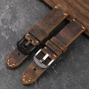 Watch Bands Handmade one layer denim leather strap 20 22 24mm deep brown vintage brushed thick men's bracelet 230410