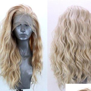 24 Natural Wavy Wig Women Lady Golden Blonde Curly Lace Front Synthetic Hair Drop Delivery Dhn3V