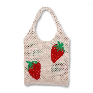 Evening Bags Female Aesthetic Cottage Core Strawberry Crochet Eyelet Short Handle Tote Bag Women Trend Granny Knitted Hollow Out Shopping