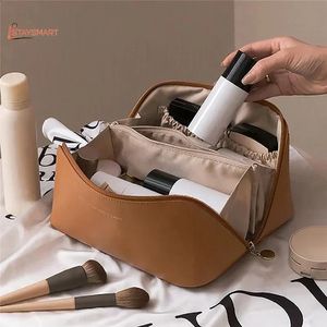 Kosmetiktaschen, Reise-Make-up-Tasche für Damen, wasserdicht, großes Fassungsvermögen, tragbare Tasche, offener flacher Kulturbeutel mit Trennwand und Griff, 231102