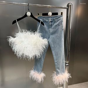 Dwuczęściowe spodnie damskie Prepomper 2023 Feathers bez rękawów Camisole Uprowadź Top Blue Denim Long dżinsy Ustaw kobiety GF920