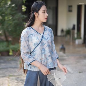 Abbigliamento etnico Moderno Hanfu Cinese tradizionale Top corto Abito retrò letterario T-shirt stile tribale in lino da donna elegante