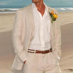 Herrdräkter 2 stycken linne strand för män beige sommar brudgum tuxedo amerikansk stil manlig modejacka med byxor i lager 2023