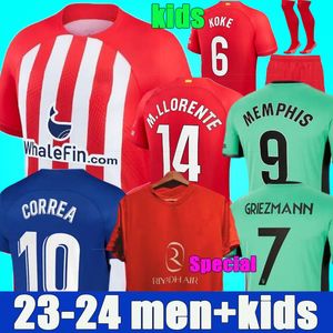 Camisas de futebol especiais do Atlético de Madrid GRIEZMANN 23 24 120º aniversário 2023 2024 M.LLORENTE KOKE SAUL Correa LEMAR camisa de futebol masculino kit infantil uniformes MEMPHIS