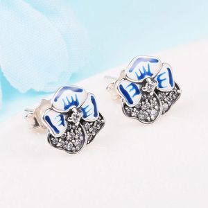 925 Sterling Silver Blue Pansy Flower Stud örhängen passar europeisk pandora stil smycken modeörhängen