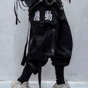 Herrenhose Japanese Streetwear Kanji Ribbon Black Strap Cargo Jogger Pants Men 230410