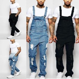 Ripped Denim Overalls for Men Full Length Suspender Jeans High Street Jumpsuit Distressed Casual Trousers