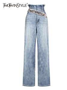 Calça feminina s Twotyle Casual Denim Wide Leg for Women High Patchwork Jeans Loose Jeans Feminino Roupas de Autumn moda