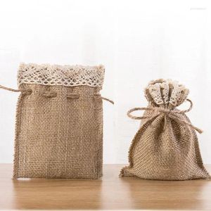 Smycken påsar hessian spets presentpåsar 8x10 cm 10x15cm 13x17cm makeup säckväv ojämn säck party godis jute förpackning