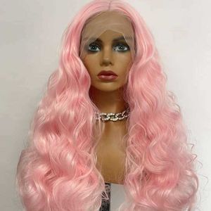 Perucas de renda frente laço bandana fibra sintética de alta temperatura seda rosa longo encaracolado peruca para mulher