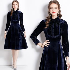 Hepburn Style Ballgown Blue Velvet Dress Womener Long Sleeve Mock Neck Druffles Slim Party Ruched Lough Big Swing Dresses 2023 Spring Fall Runway Midi Frocks