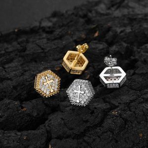 Hip Hop Hexagon Cross Stud Earrings Cylinder Shape Shining White Zircon Dangle Earrings Gold Plated Vintage Geometric Jewelry