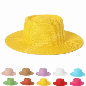 Kvinnor vår sommargul stråhatt bred brim fedora sun strandhatt platt topp platt grim topp hatt utomhus