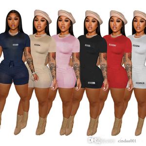 Womens Skinny Tracksuits Summer Sports Outfits 2 Piece Pants Set Letter Printed Short Sleeve T Shirt And Shorts Suit