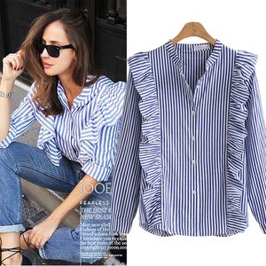 Women's Blouses Shirts Autumn Women's Shirt Vertical Stripe Standing Neck Long Sleeve Women's Casual Ruffled Top 230410