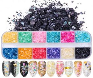 12 Gridcase Seashell Oregelbundna flingor Sequin Nail Glitter Powder Mixed 12 Color Set Diy Shell Decoration for Gel Polish9979690