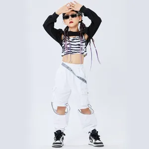 Stage Wear 2023 Jazz Dance Performance Costumes For Kids Black Crop Tops Loose White Pants Passar Girls Hip Hop Clothes DQS8212