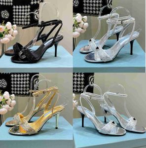 Fashion Classic Luxury Designer Donna Sandalo con tacco alto Sandali con tacco a spillo impreziositi da cristalli dorati Nuove scarpe da sera con tacco a spillo con strass